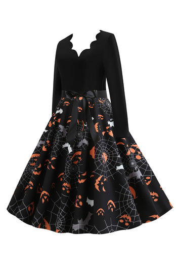 v hals svart halloween vintage kjole med lange ermer