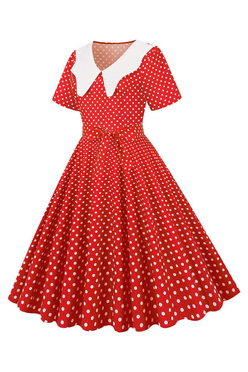 hepburn rød polka prikker print vintage kjole med belte