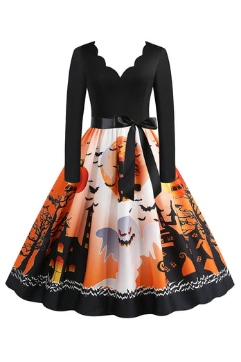 V-hals trykt Halloween kjole med belte