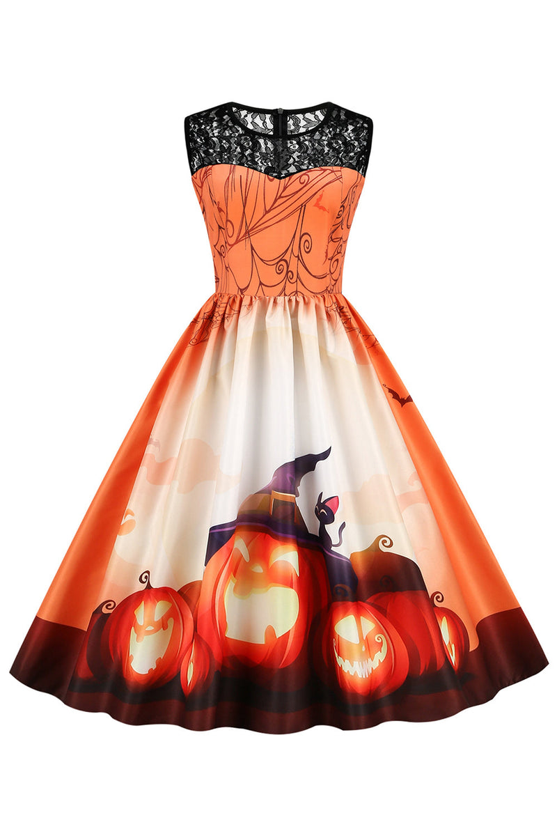 Load image into Gallery viewer, vintage mannskap nakke blonder panel print halloween kjole