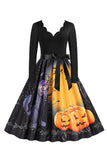 V-Hals Langermet Jack-o-lantern Print Halloween Retro Kjole