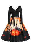 V-Hals Langermet Jack-o-lantern Print Halloween Retro Kjole