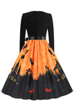 V-Hals Langermet Jack-o-lantern Print Halloween Retro Kjole