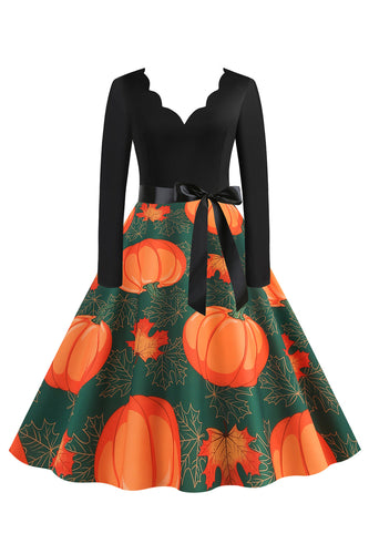 bølgete V-hals langermet print Halloween retro kjole