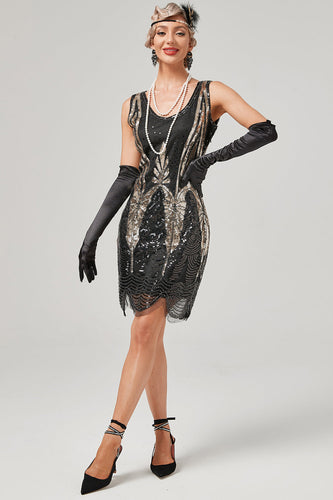 svart gylden scoop hals 1920-tallet kjole