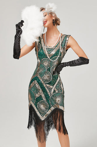 mørkegrønn 1920-tallet flapper kjole med frynser