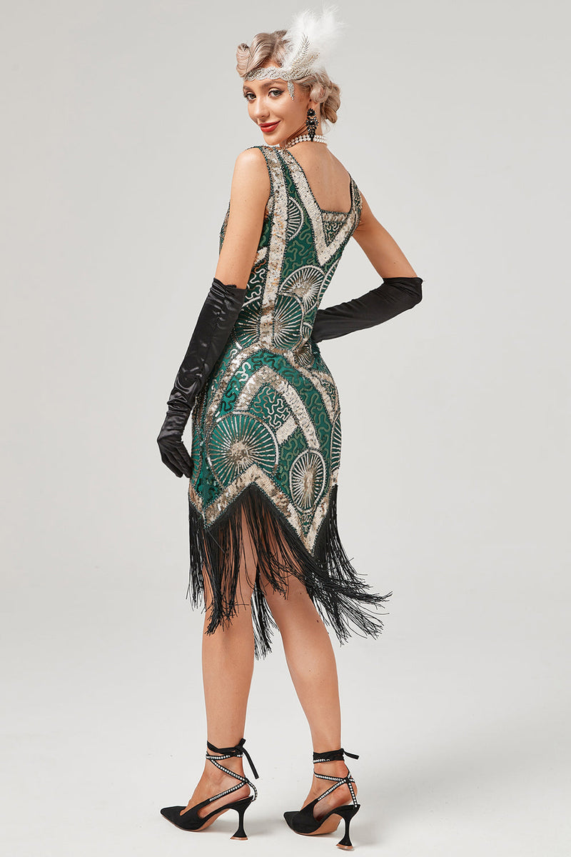 Load image into Gallery viewer, mørkegrønn 1920-tallet flapper kjole med frynser