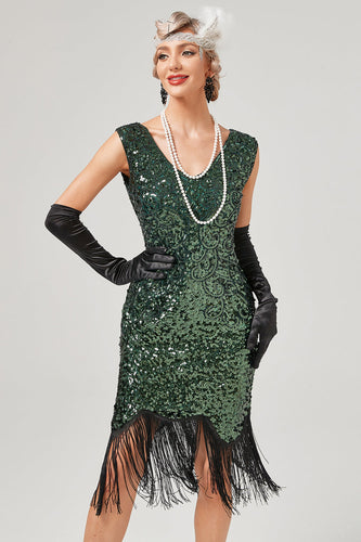 mørkegrønn paljett v-hals gatsby kjole med frynser