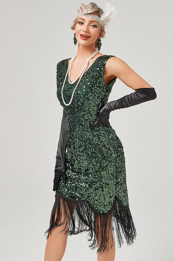 mørkegrønn paljett v-hals gatsby kjole med frynser