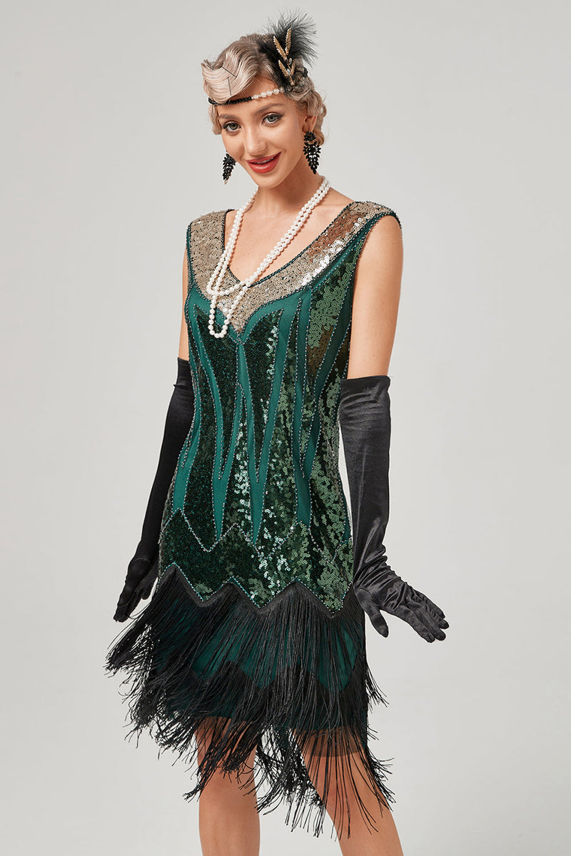 Load image into Gallery viewer, svart grønn v-hals flapper kjole med frynser