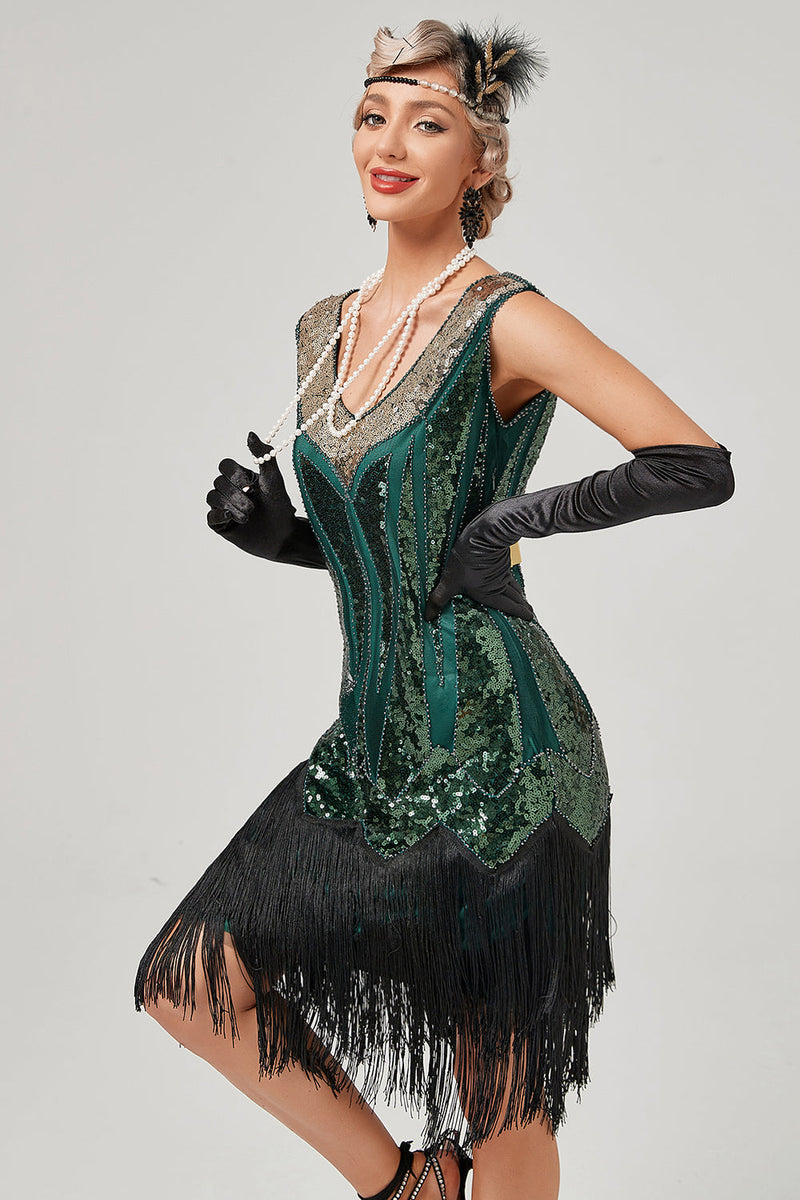 Load image into Gallery viewer, svart grønn v-hals flapper kjole med frynser