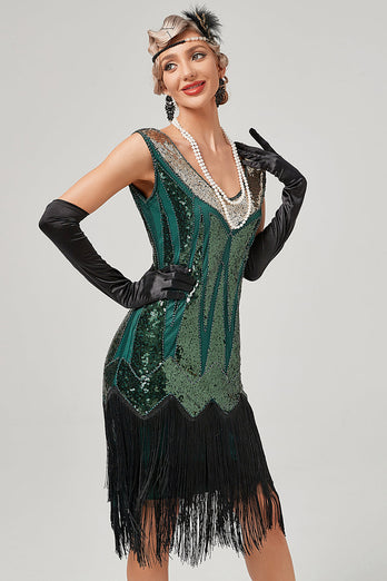 svart grønn v-hals flapper kjole med frynser