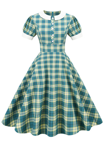 juvelhals grønn rutenett 1950-tallet kjole med korte ermer