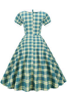 juvelhals grønn rutenett 1950-tallet kjole med korte ermer