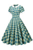 Load image into Gallery viewer, juvelhals grønn rutenett 1950-tallet kjole med korte ermer