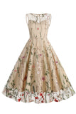 Lys Khaki broderi Vintage 1950-tallet kjole