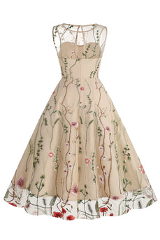 Lys Khaki broderi Vintage 1950-tallet kjole