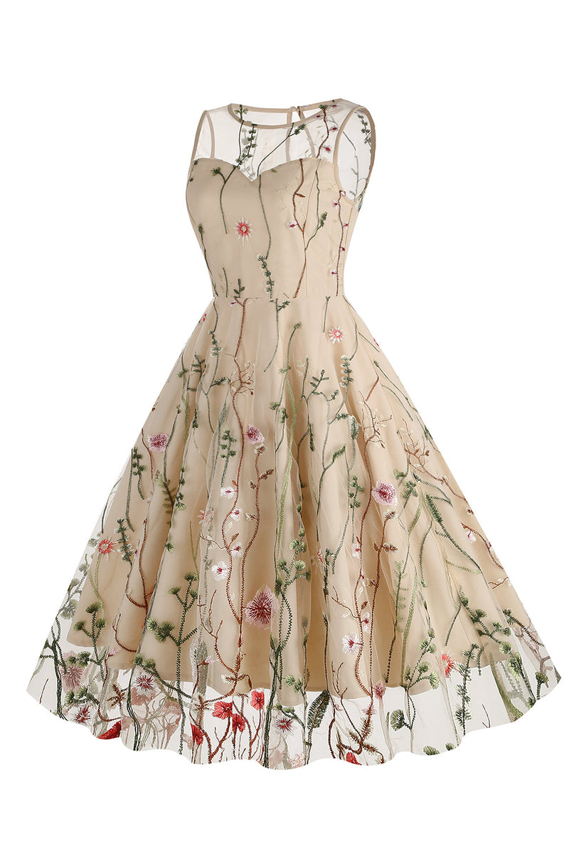 Load image into Gallery viewer, Lys Khaki broderi Vintage 1950-tallet kjole