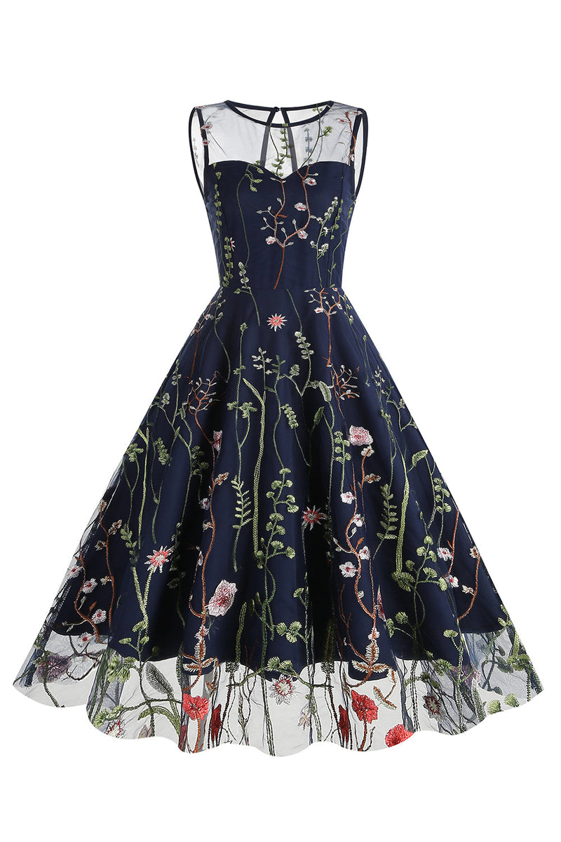 Load image into Gallery viewer, Lys Khaki broderi Vintage 1950-tallet kjole