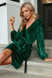 Mørkegrønn fløyel Lange ermer Wrap Party Dress