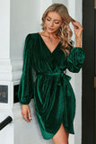 Mørkegrønn fløyel Lange ermer Wrap Party Dress
