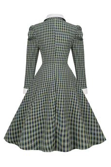Vintage britisk stil Slim Fit Lapel Green Grid 1950-talls kjole