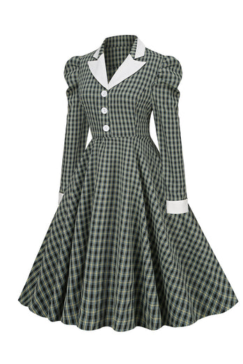 Vintage britisk stil Slim Fit Lapel Green Grid 1950-talls kjole