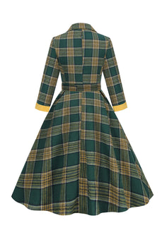 V Neck Green Grid Vintage kjole med 3/4 ermer