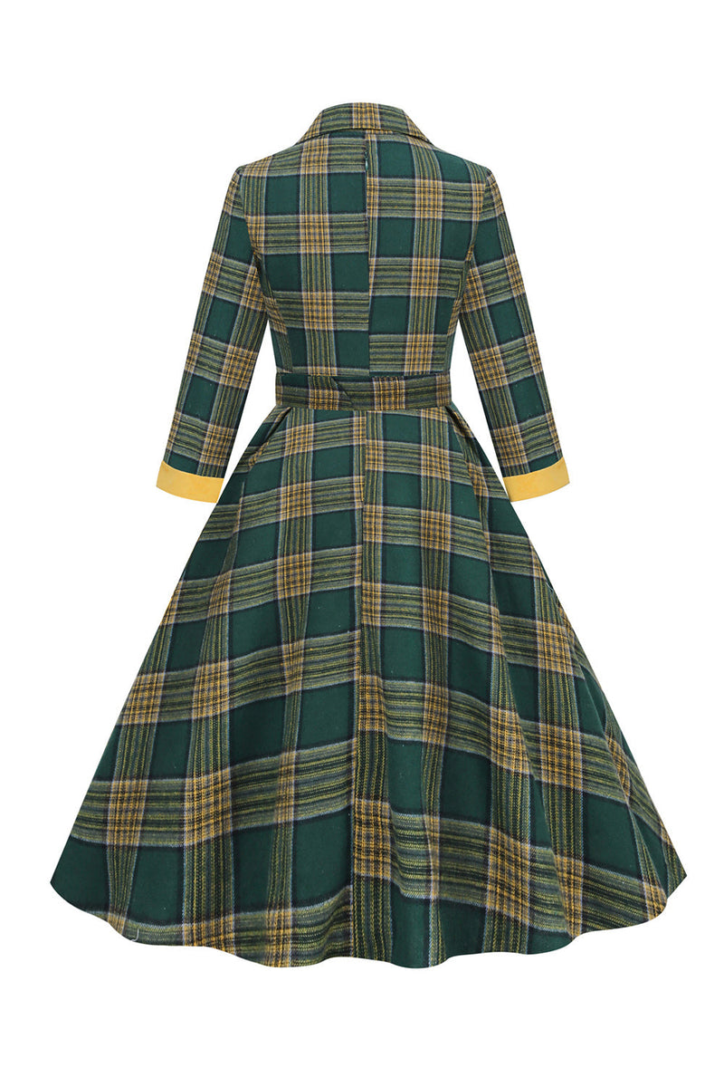 Load image into Gallery viewer, V Neck Green Grid Vintage kjole med 3/4 ermer