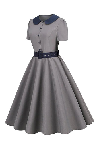 Peter Pan Krage Grå kjole fra 1950-tallet med belte