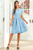 Load image into Gallery viewer, Jewel Neck Blue Vintage kjole med korte ermer