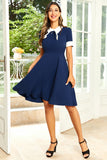 Hepburn Style Jewel Neck Navy 1950 Kjole med Bowknot