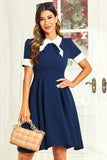 Hepburn Style Jewel Neck Navy 1950 Kjole med Bowknot