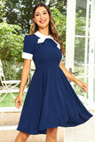 Hepburn Style Jewel Neck Navy 1950 Kjole med Bowknot