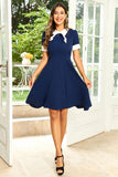 Hepburn Style Jewel Neck Navy 1950 Kjole med Bowknot