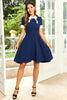 Load image into Gallery viewer, Hepburn Style Jewel Neck Navy 1950 Kjole med Bowknot