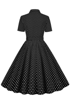 Black Polka Dots Vintage kjole med korte ermer