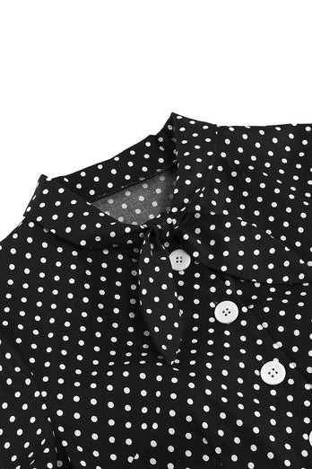 Black Polka Dots Vintage kjole med korte ermer