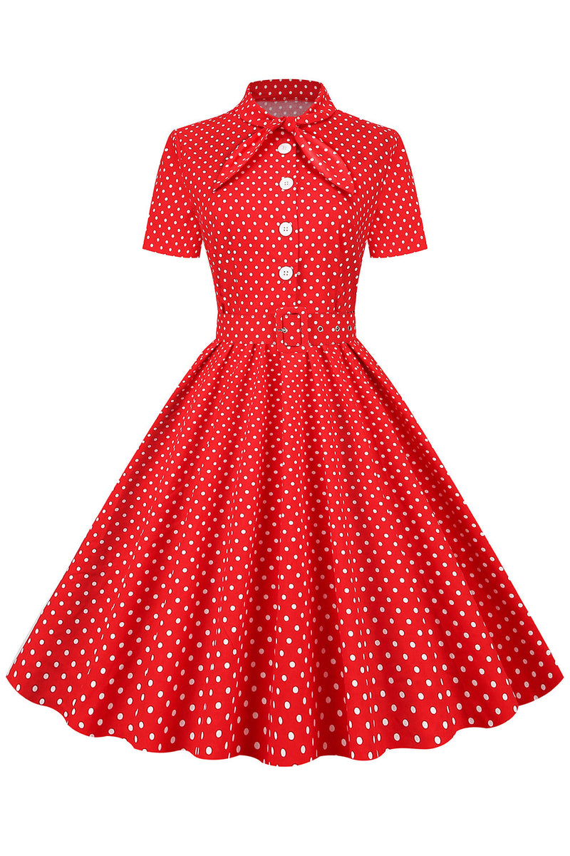 Load image into Gallery viewer, Black Polka Dots Vintage kjole med korte ermer