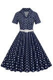 Hepburn Style V Neck Blue Polka Dots 1950-tallskjole