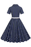 Hepburn Style V Neck Blue Polka Dots 1950-tallskjole