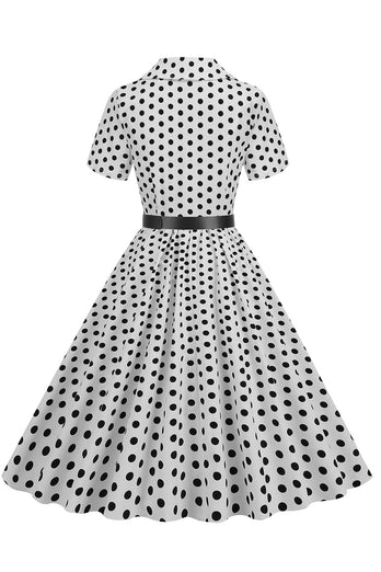 Hepburn Style V Neck Blue Polka Dots 1950-tallskjole