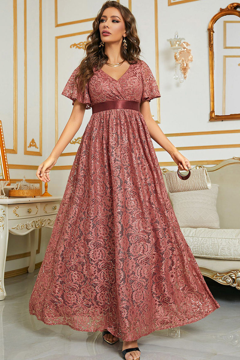 Load image into Gallery viewer, Sparkly Blush Lace Long Wedding Guest Dress