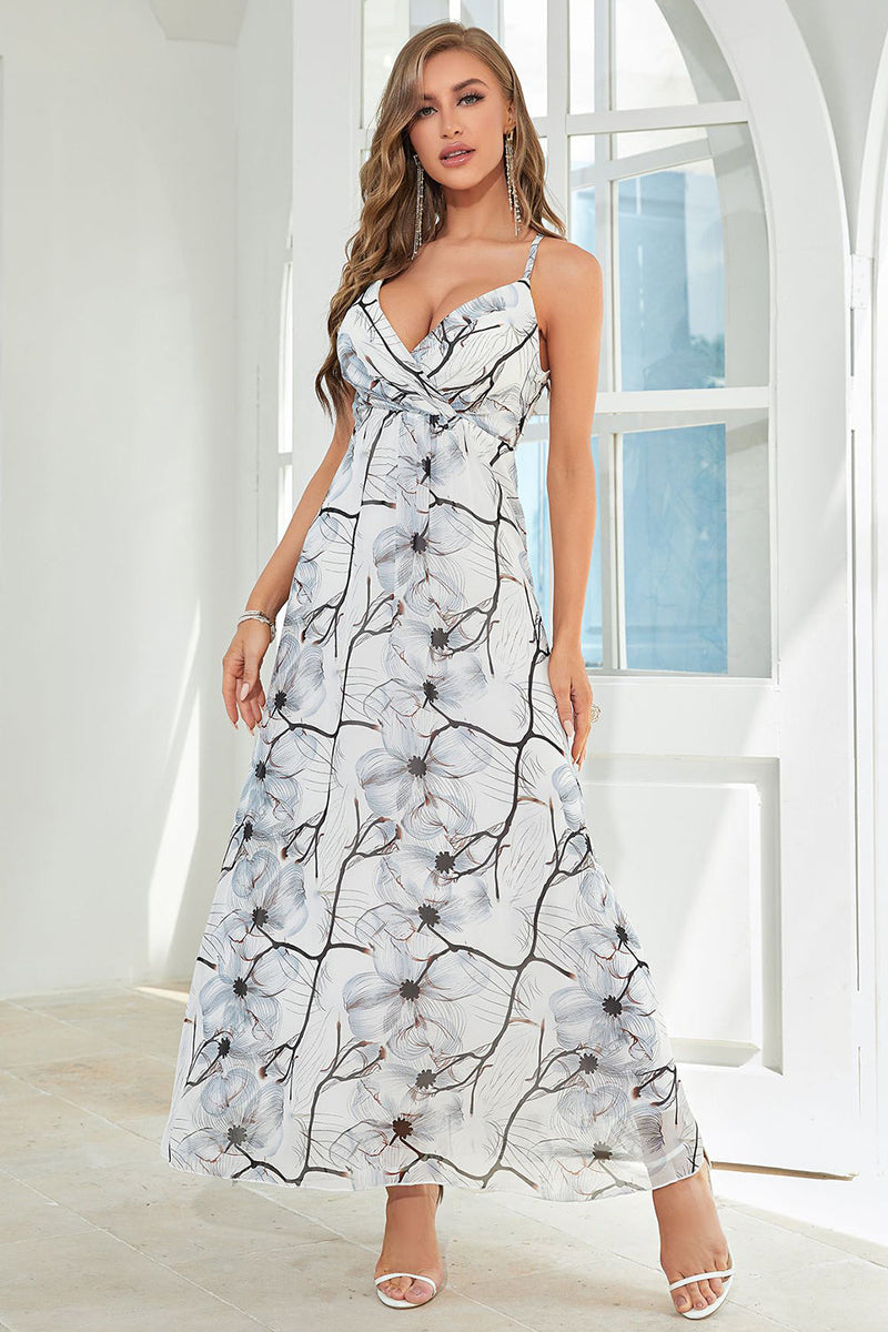 Load image into Gallery viewer, Hvit Floral Long Chiffon Bryllup Guest Dress