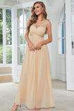 Aprikos Chiffon Long Wedding Guest kjole med blonder