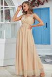 Aprikos Chiffon Long Wedding Guest kjole med blonder