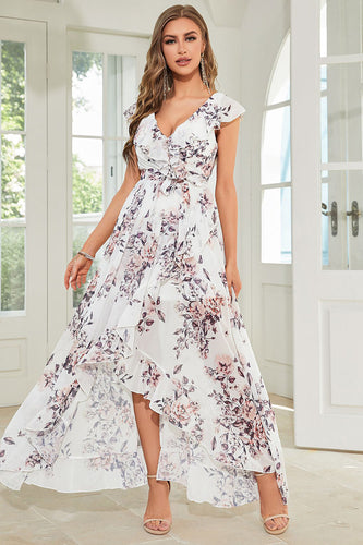 Hvit blomstertrykt høy-lav sommer casual kjole