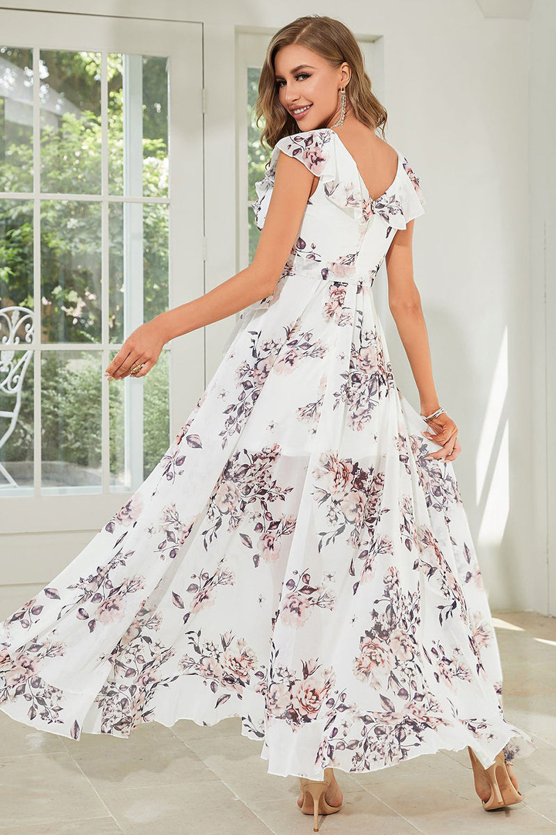 Load image into Gallery viewer, Hvit blomstertrykt høy-lav sommer casual kjole