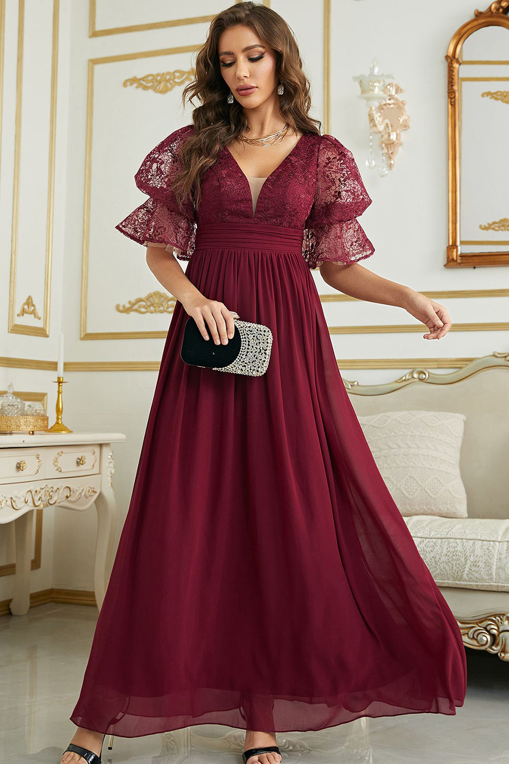Burgund Chiffon brudepike kjole med blonder