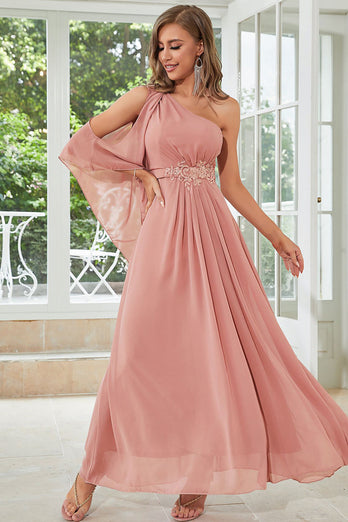 En skulder rosa chiffon bryllupsfest kjole